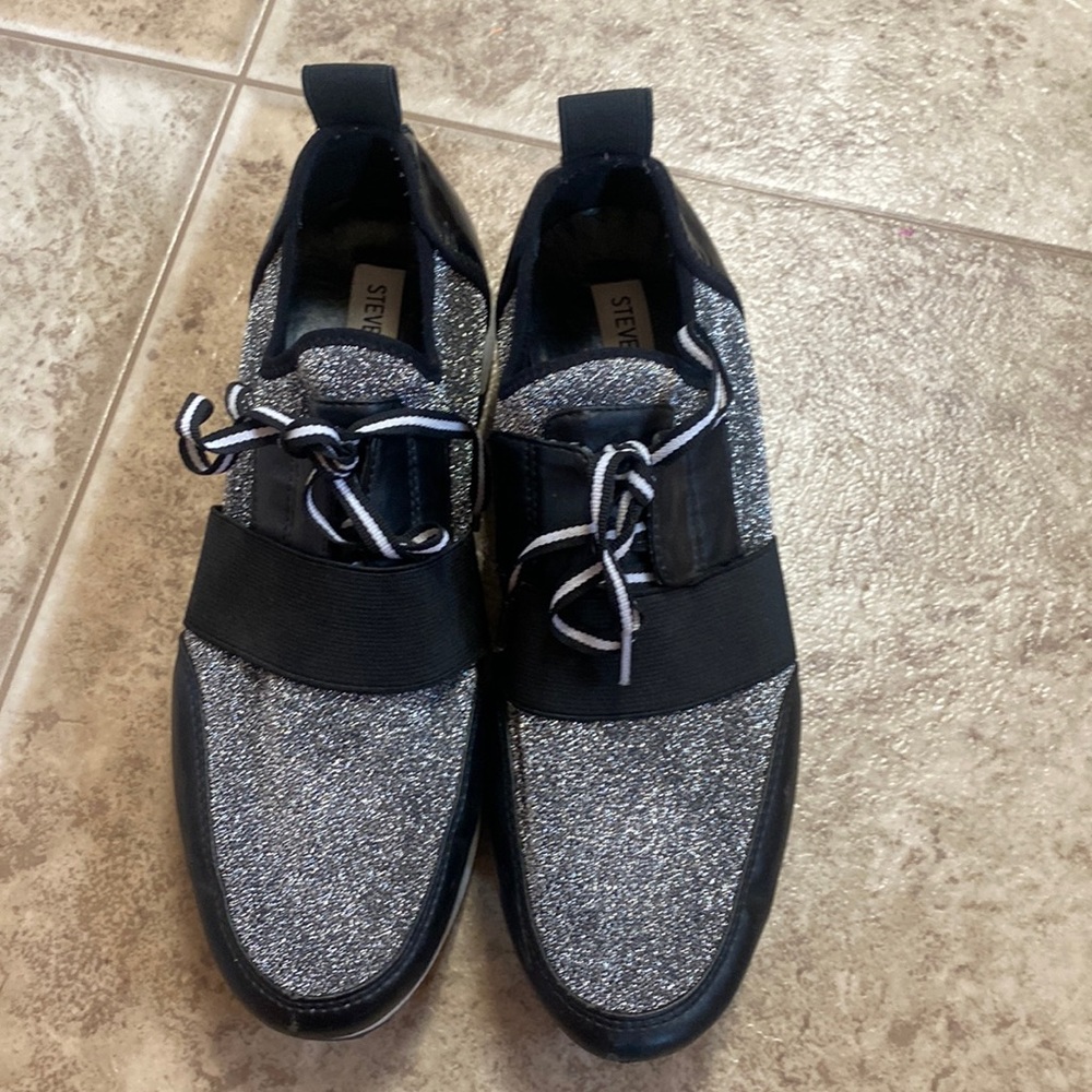 Steve Madden Black and Silver Glitter Slip-On Lace Sneakers